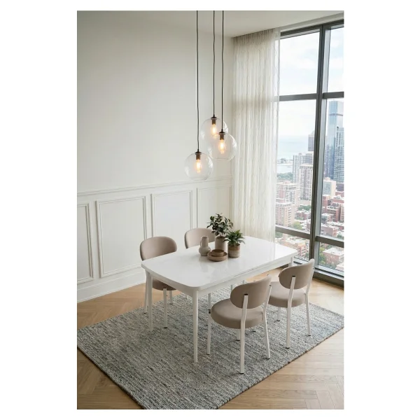 Deren Home Pufy Serisi 80X130 Açılabilir Masa +4 Adet Silinebilir Sandalye Masa Takımı - Krem - Görsel 3