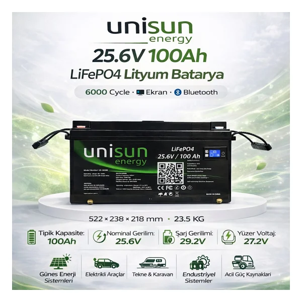 Unisun 25,6V 100Ah LiFEPO4 Batarya 6000 Cycle Ekran Bluetooth - Görsel 2