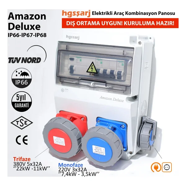 Hgsşarj Amazon Deluxe IP66-IP67-IP68, Trifaze Elektrikli Araç Kombinasyon Kutusu, Tesla Blue Adaptöre Uyumlu, 5X32A + 3X32A + 1X16A - 5 Yıl Garanti - Schneider - Görsel 5