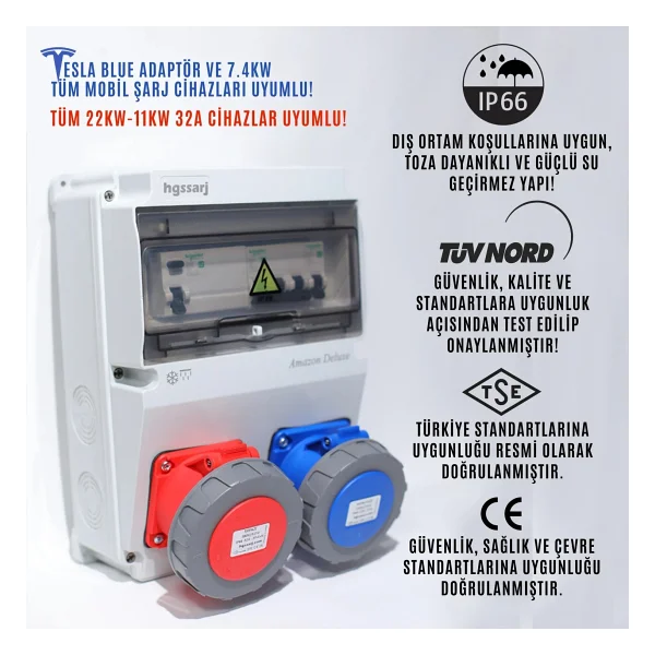 Hgsşarj Amazon Deluxe IP66-IP67-IP68, Trifaze Elektrikli Araç Kombinasyon Kutusu, Tesla Blue Adaptöre Uyumlu, 5X32A + 3X32A + 1X16A - 5 Yıl Garanti - Schneider - Görsel 2