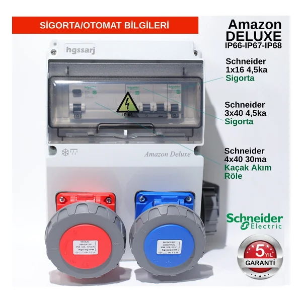 Hgsşarj Amazon Deluxe IP66-IP67-IP68, Trifaze Elektrikli Araç Kombinasyon Kutusu, Tesla Blue Adaptöre Uyumlu, 5X32A + 3X32A + 1X16A - 5 Yıl Garanti - Schneider - Görsel 3