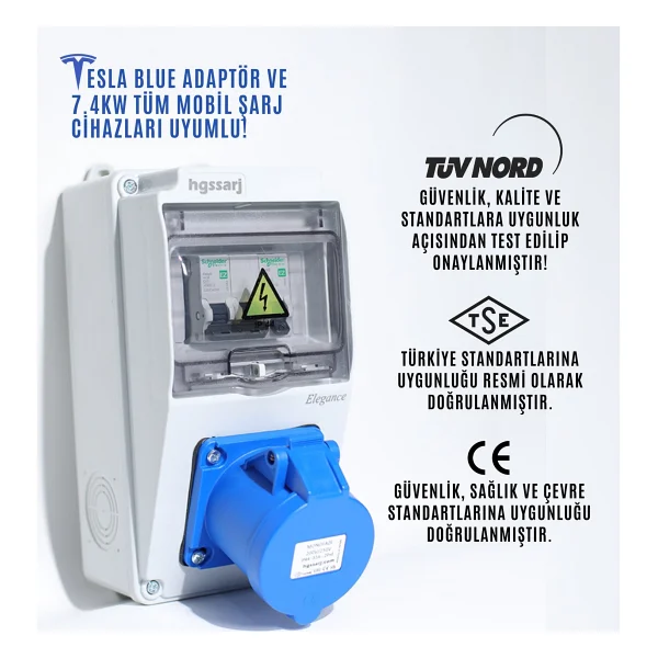 Hgsşarj "Elegance" 7,4kW Monofaze 3X32A + 1X16A Elektrikli Araç Kombinasyon Kutusu Tesla Mavi Adaptöre Uyumlu Schneider Marka Sigorta Grubu - Görsel 2