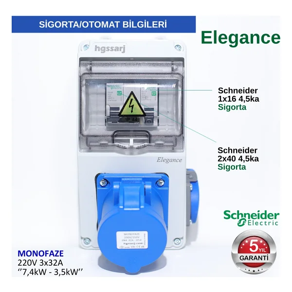 Hgsşarj "Elegance" 7,4kW Monofaze 3X32A + 1X16A Elektrikli Araç Kombinasyon Kutusu Tesla Mavi Adaptöre Uyumlu Schneider Marka Sigorta Grubu - Görsel 3