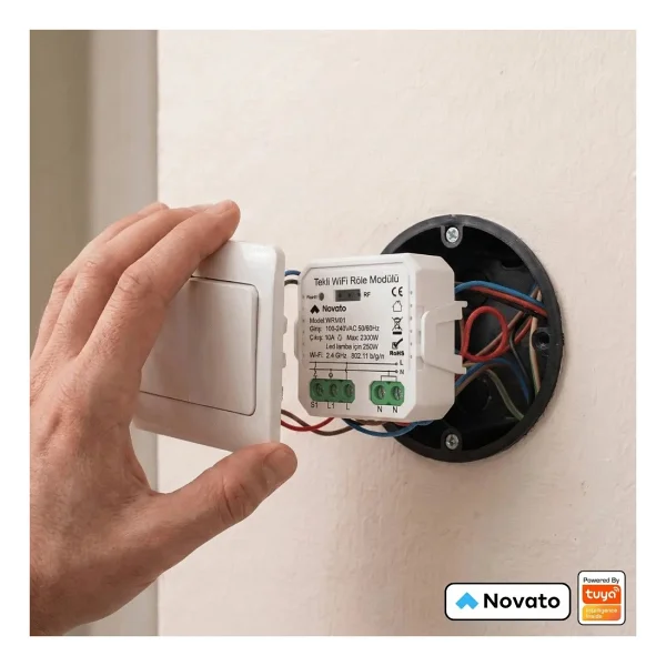 Novato Tuya Uyumlu Tekli Wifi Akıllı Anahtar (10A - 220V Röle) - Tek Çıkışlı, Anahtar Girişli, Googl - Görsel 2