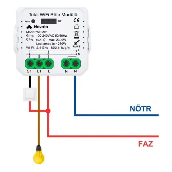 Novato Tuya Uyumlu Tekli Wifi Akıllı Anahtar (10A - 220V Röle) - Tek Çıkışlı, Anahtar Girişli, Googl - Görsel 4