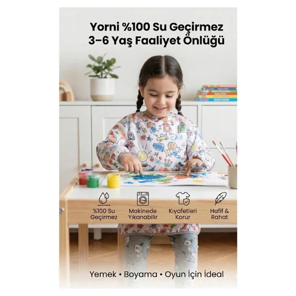 Yorni 3-6 Yaş Çocuklu desen, Sıvı Geçirmez, Uzun Kollu Çocuk Faaliyet Aktivite Boyama Etkinlik Önlüğü, Önlük - Beyaz - Görsel 10