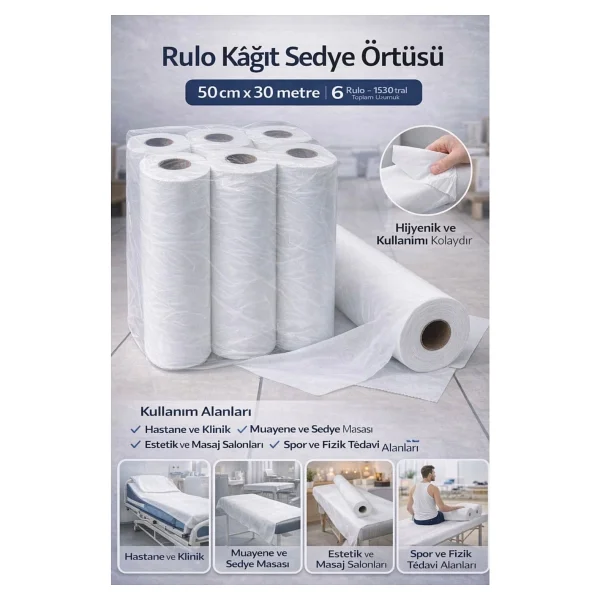 Belirtilmemiş Rulo Kağıt Sedye Örtüsü 50 cm x 30 Metre 6'lı Paket Muayene Örtüsü Tek Kullanımlık Hijyenik Rulo Sedye Kağıdı - Görsel 2