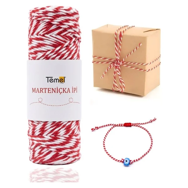 Temel Marteniçka Ipi Kırmızı Beyaz, 100 Metre 2 Mm, Bileklik ve Hediye Paketleme Için Dekoratif Ip - Görsel 4