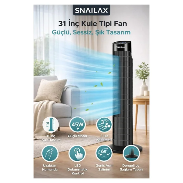 Snailax Uzaktan Kumandalı Dijital Ekranlı Ultra Güçlü 45W Serinletici Fan Kule Tipi Vantilatör - Siyah - Görsel 7