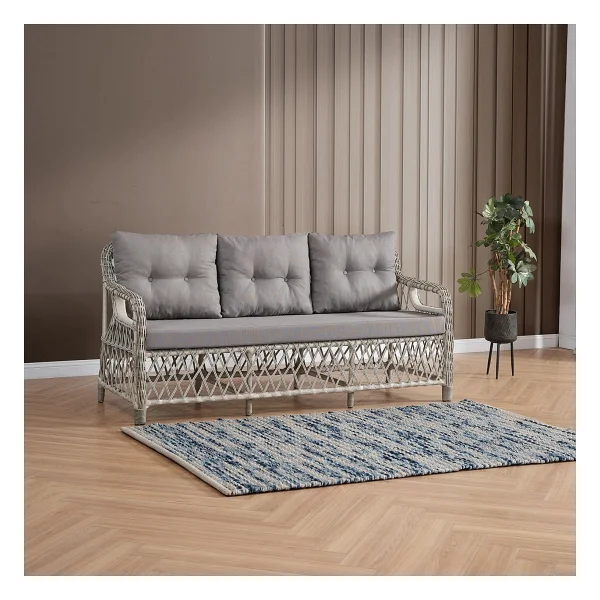 Edra Rattan Puflu Bahçe Balkon Takımı 3+1+1+Camı Masa Kemik Rengi - Görsel 2