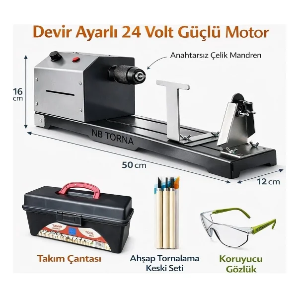 LEFS&ÖZTÜRK 24 Volt Devir Ayarlı anahtarsız Çelik Mandrenli Hobi Torna Makinesi - Görsel 7