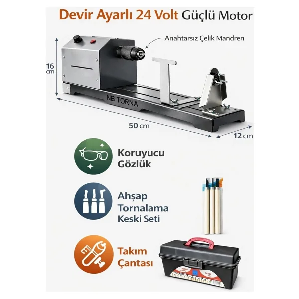 LEFS&ÖZTÜRK 24 Volt Devir Ayarlı anahtarsız Çelik Mandrenli Hobi Torna Makinesi - Görsel 6