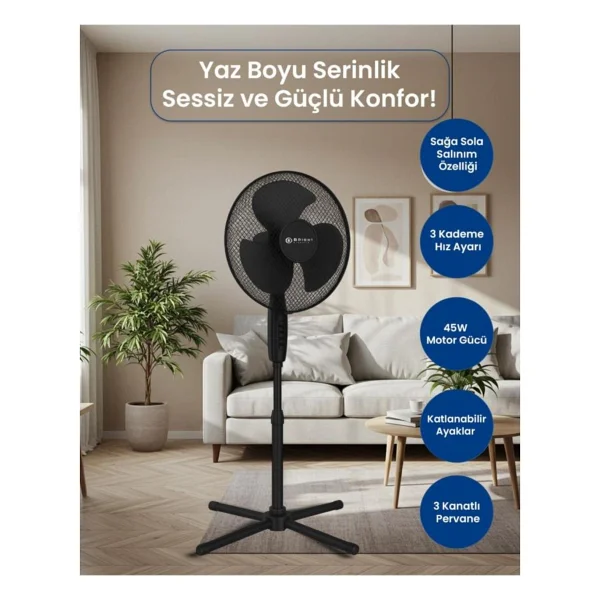 Bright Elegance BE-4116 16'' Katlanabilir Siyah Ayaklı Vantilatör - Görsel 3