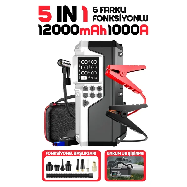 Enshall 12.000mAh Akü Takviyeli 1000A Tepe Akımlı 5IN1 Üfleme Ve Vakum Özellikli Araç Kompresörü - Görsel 4