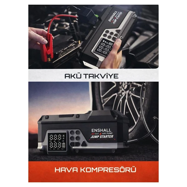 Enshall 12.000mAh Akü Takviyeli 1000A Tepe Akımlı 5IN1 Üfleme Ve Vakum Özellikli Araç Kompresörü - Görsel 3