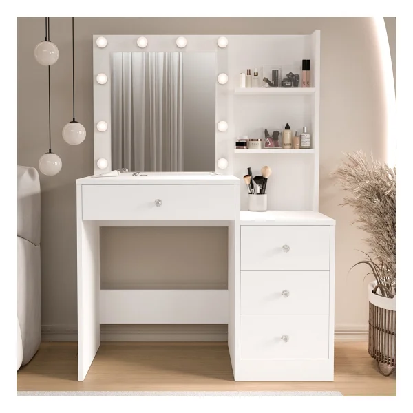 Robin Home Hollywood Makyaj Masası 4 Çekmeceli Düzenleyici Hollywood LED Işıklı Raflı Beyaz - Görsel 3
