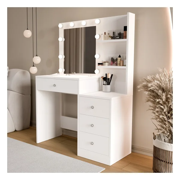 Robin Home Hollywood Makyaj Masası 4 Çekmeceli Düzenleyici Hollywood LED Işıklı Raflı Beyaz - Görsel 4