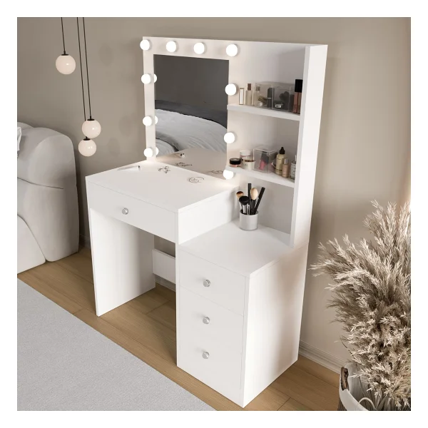 Robin Home Hollywood Makyaj Masası 4 Çekmeceli Düzenleyici Hollywood LED Işıklı Raflı Beyaz - Görsel 5