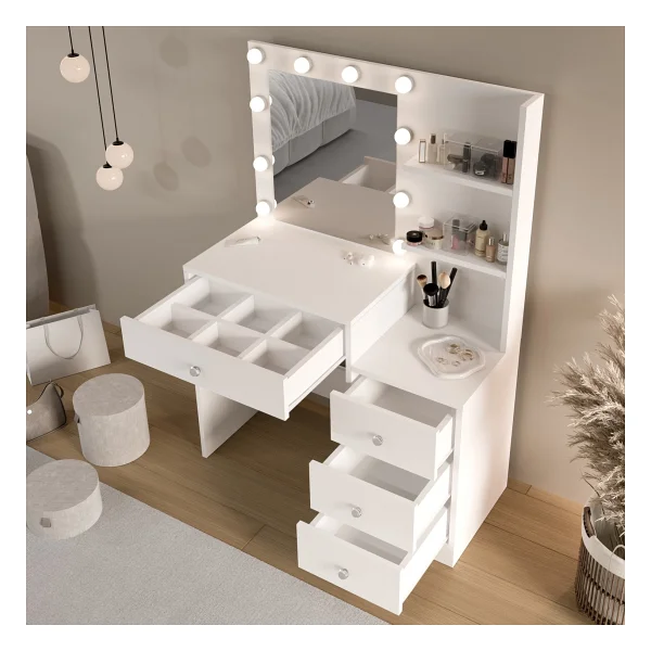 Robin Home Hollywood Makyaj Masası 4 Çekmeceli Düzenleyici Hollywood LED Işıklı Raflı Beyaz - Görsel 6