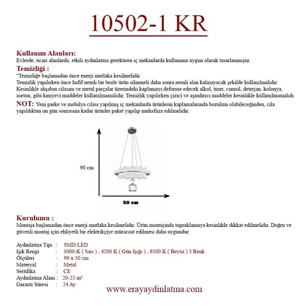 Eray Aydınlatma 10502-1 KR Krom 3 Renk LED Avize - Görsel 4