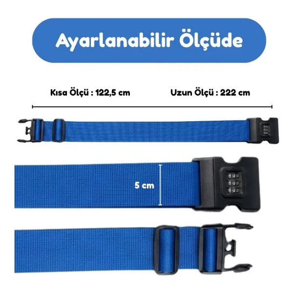 Temel Mavi Valiz Kemeri, 3 Haneli Şifreli Ayarlanabilir Bavul Güvenlik Kemeri - Görsel 3