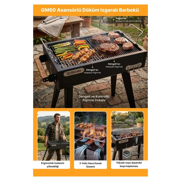 Grillmate GM-60 Asansörlü Döküm Izgaralı Barbekü Mangal - Görsel 4