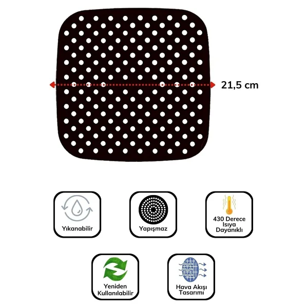 Siyah Isıya Dayanıklı Yıkanılabilir Silikon Fırın Ve Airfryer Kare Model Pişirme Matı 21,5 Cm - Görsel 5