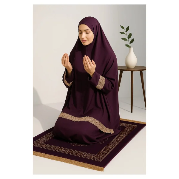 Defka Iki Parça Etekli Dantelli Kadın Namaz Elbisesi Düz Renk - Mor - Görsel 6