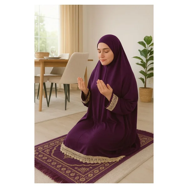 Defka Iki Parça Etekli Dantelli Kadın Namaz Elbisesi Düz Renk - Mor - Görsel 2