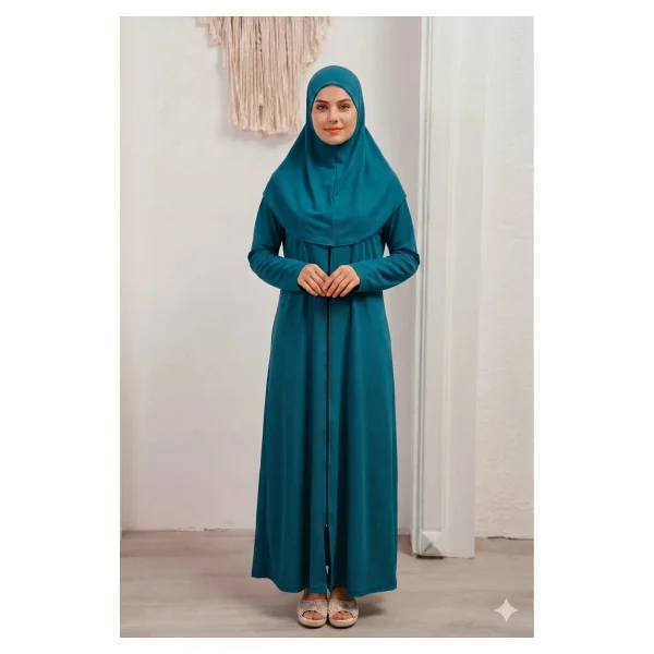 Defka Tek Parça Namaz Elbisesi Başörtülü Fermuarlı Rahat Kalıp - Yeşil - 2XL - Görsel 7