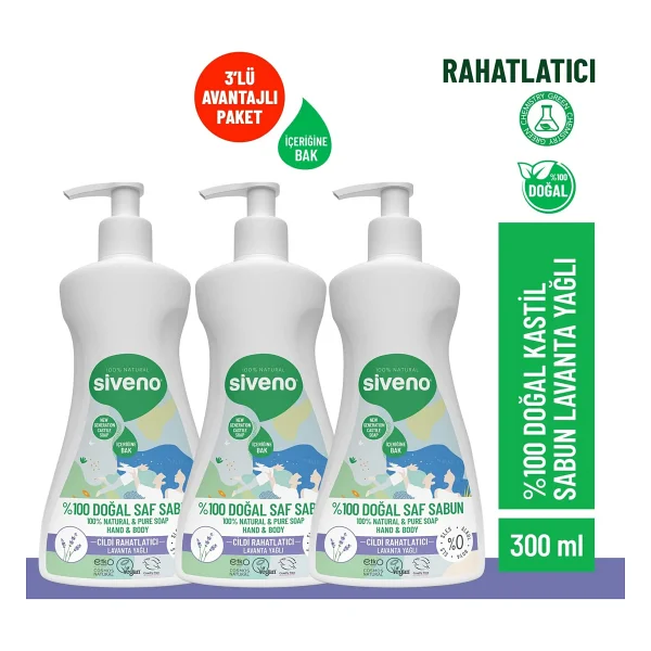 Siveno %100 Doğal Sıvı Kastil Sabun Lavanta Yağlı Cildi Rahatlatıcı Nemlendirici Bitkisel Vegan 300 ml X3 Adet - Görsel 7