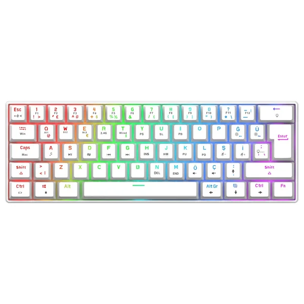 Gravion Kyra MK61 Rgb Mekanik Gaming Oyuncu Klavye 61 Tuş, Kablosuz Bluetooth + 2.4g + Kablolu, Red Switch, 2000MAH - Beyaz - Görsel 10
