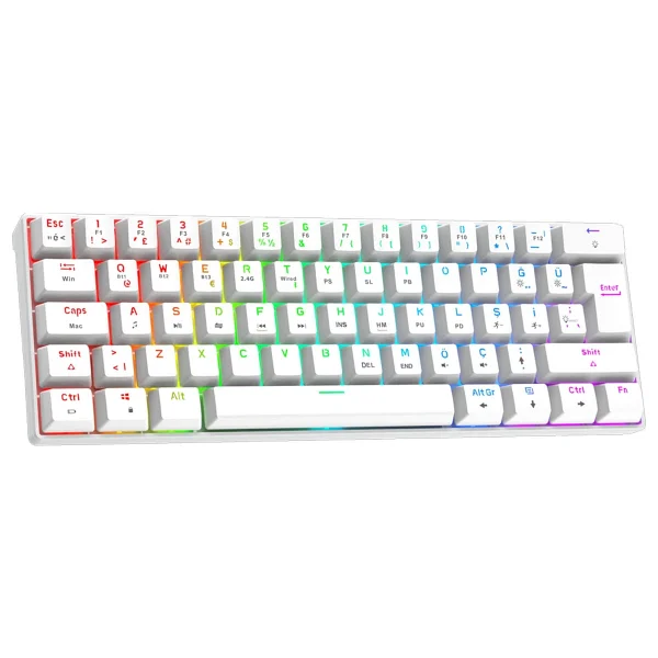 Gravion Kyra MK61 Rgb Mekanik Gaming Oyuncu Klavye 61 Tuş, Kablosuz Bluetooth + 2.4g + Kablolu, Red Switch, 2000MAH - Beyaz - Görsel 3