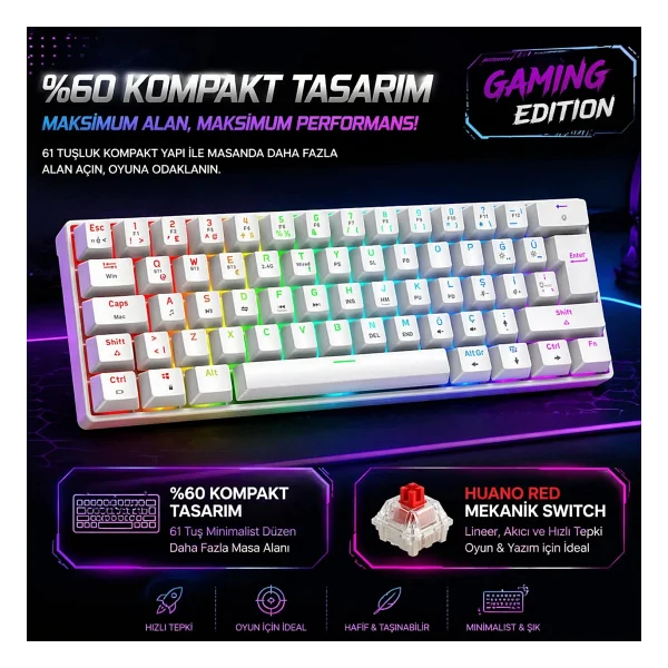 Gravion Kyra MK61 Rgb Mekanik Gaming Oyuncu Klavye 61 Tuş, Kablosuz Bluetooth + 2.4g + Kablolu, Red Switch, 2000MAH - Beyaz - Görsel 4
