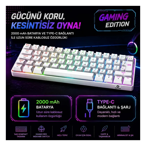 Gravion Kyra MK61 Rgb Mekanik Gaming Oyuncu Klavye 61 Tuş, Kablosuz Bluetooth + 2.4g + Kablolu, Red Switch, 2000MAH - Beyaz - Görsel 6