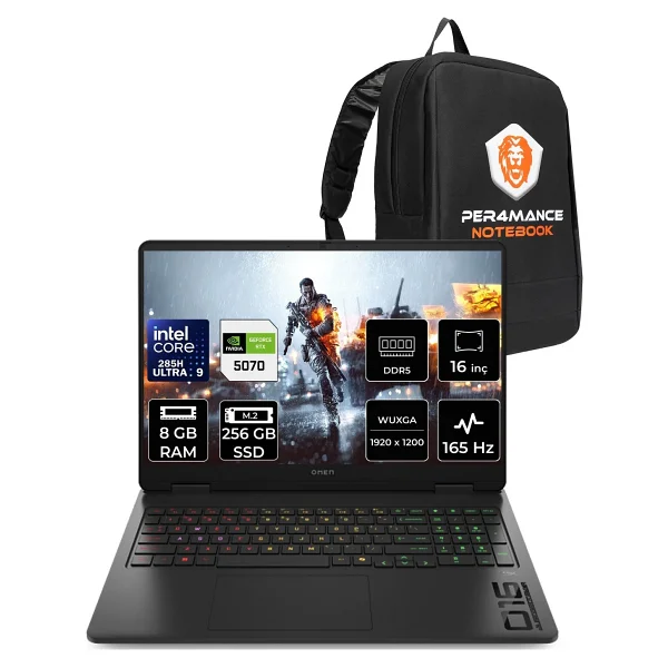 HP Omen Slim 16 Core Ultra 9 285H RTX 5070 8GB 8GB RAM 512GB SSD 16" FHD+ 165Hz FreeDOS CD7K0EAPN302 Gaming Laptop + Per4 Çanta - 512 GB - 8 GB - Görsel 6