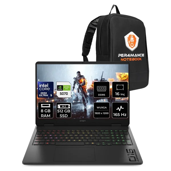 HP Omen Slim 16 Core Ultra 9 285H RTX 5070 8GB 8GB RAM 512GB SSD 16" FHD+ 165Hz FreeDOS CD7K0EAPN302 Gaming Laptop + Per4 Çanta - 512 GB - 8 GB - Görsel 5