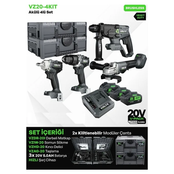 Voltz VZ20-4Kit 4ü1 Arada Akülü Matkap Set 20 V 5 Ah 4'lü Akülü Set - Görsel 2