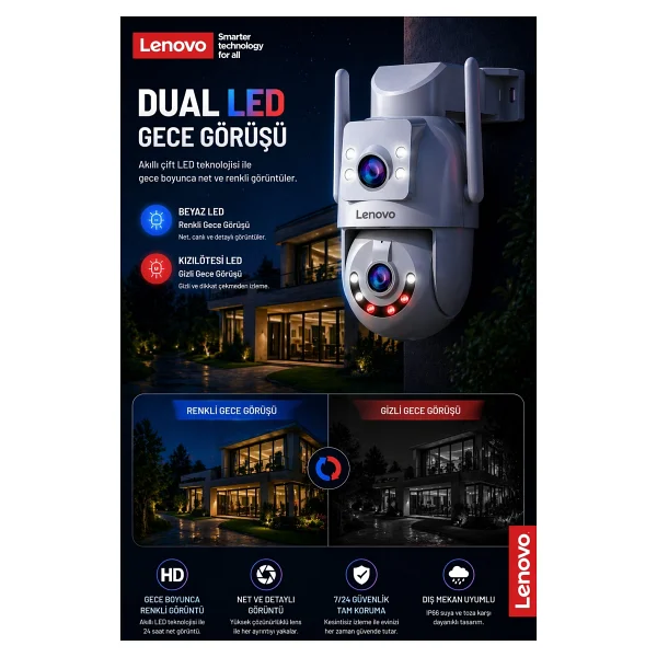 Lenovo 2 Kameralı Wifi Ultra Renkli Gece Görüşlü Hareket Takipli Güvenlik Kamerası - Görsel 3