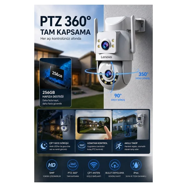 Lenovo 2 Kameralı Wifi Ultra Renkli Gece Görüşlü Hareket Takipli Güvenlik Kamerası - Görsel 5