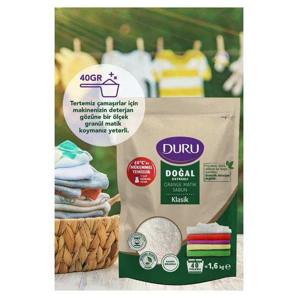 Duru Granül Matik Sabun Klasik 1,6 kg 40 Yıkama Vegan Standart Koku ile Doğal Temizlik - Görsel 5