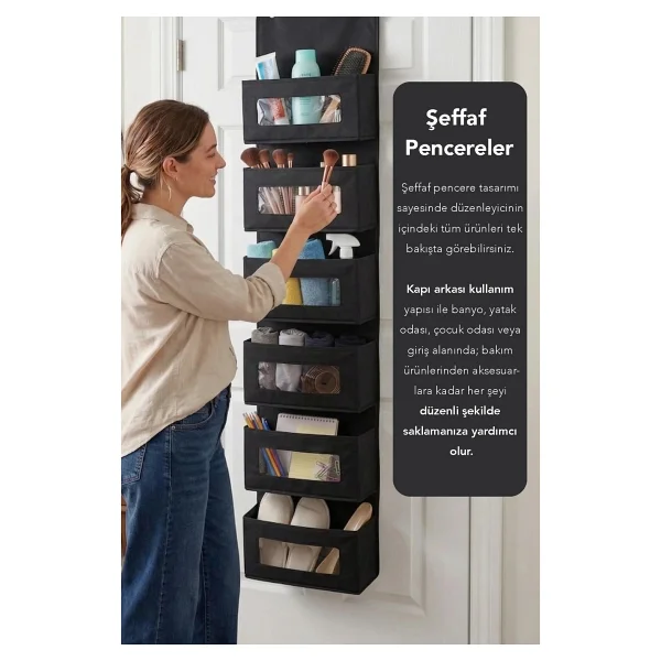 Meleni Home 6 Katlı Kapı Arkası Organizer - Çok Amaçlı Mutfak Banyo Dolap İçi Düzenleyici 30x12x128 cm Siyah - Görsel 2