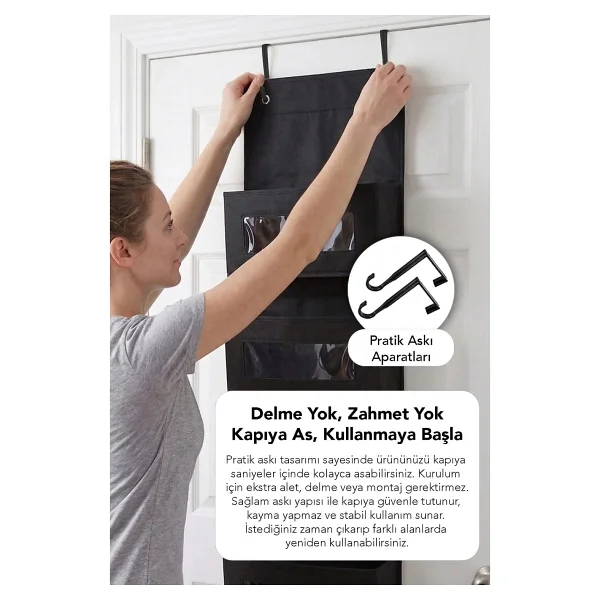 Meleni Home 6 Katlı Kapı Arkası Organizer - Çok Amaçlı Mutfak Banyo Dolap İçi Düzenleyici 30x12x128 cm Siyah - Görsel 3