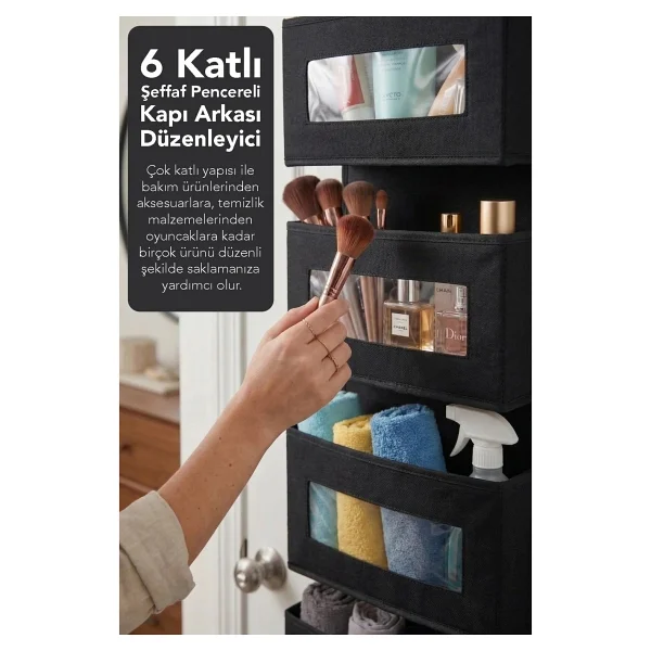 Meleni Home 6 Katlı Kapı Arkası Organizer - Çok Amaçlı Mutfak Banyo Dolap İçi Düzenleyici 30x12x128 cm Siyah - Görsel 4