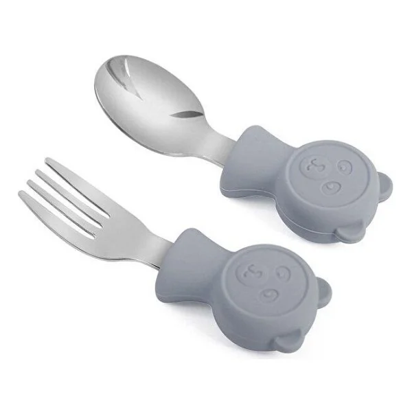 Valkyrie 304 Çelik Panda Bebek Kaşık Çatal SetiSilikon Saplı BPA İçermez Ergonomik Kaymaz Gri - Görsel 7