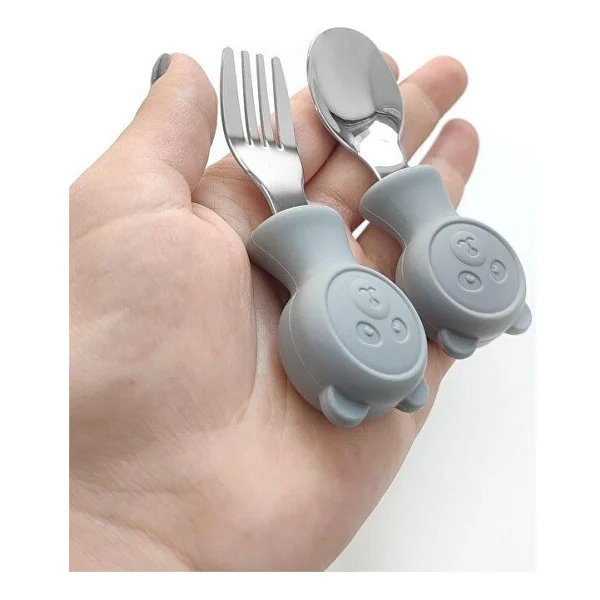Valkyrie 304 Çelik Panda Bebek Kaşık Çatal SetiSilikon Saplı BPA İçermez Ergonomik Kaymaz Gri - Görsel 8