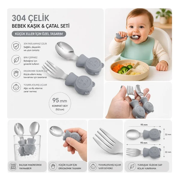 Valkyrie 304 Çelik Panda Bebek Kaşık Çatal SetiSilikon Saplı BPA İçermez Ergonomik Kaymaz Gri - Görsel 10