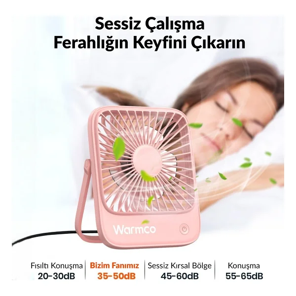 Warmco D1 Şarjlı Pembe Masaüstü Vantilatör - Görsel 2