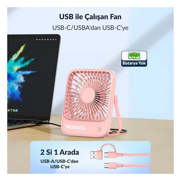 Warmco D1 Şarjlı Pembe Masaüstü Vantilatör - Görsel 4