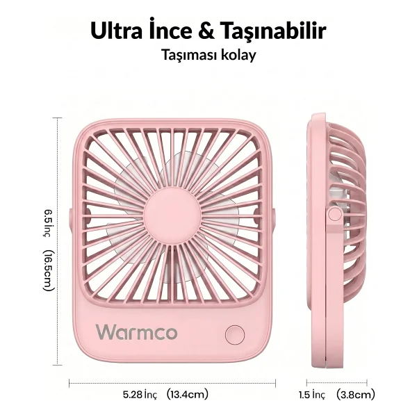 Warmco D1 Şarjlı Pembe Masaüstü Vantilatör - Görsel 7